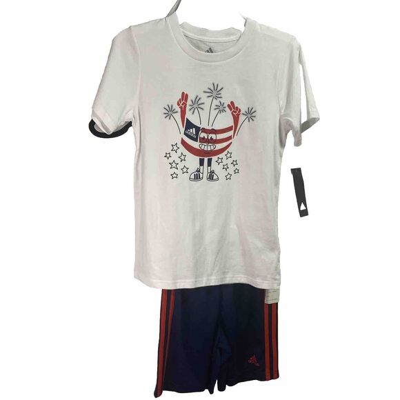 NWT adidas Boys Americana Graphic Set 7 Y Shirt Shorts Red White Blue USA July 4 - Picture 2 of 8